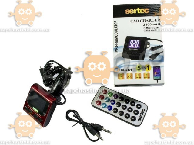 FM модулятор Sertec USB/пульт/MP3/AUX вход/12-24В/microSD/microUSB зарядка 2,1А - фото
