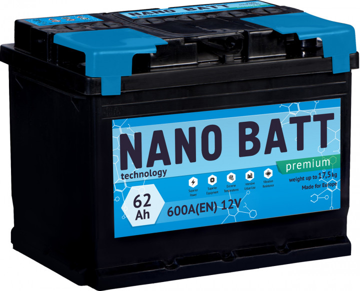 Аккумулятор NANO BATT 62Ач (600A) Premium Евро правый плюс - фото