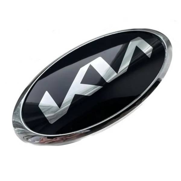 Эмблема KIA NEW TYPE ЧЕРНАЯ (новый шрифт) 150х75мм (обод ХРОМ) Алюминий+АБС (на скотче) (пр-во Завод) CH - фото