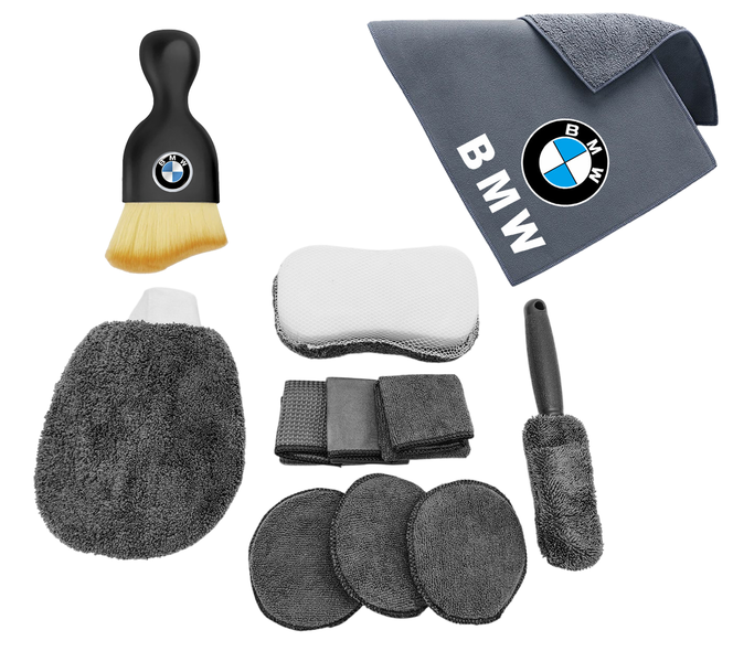 Набор для ухода за авто  BMW (полотенце и щетка с логотипом+набор для мойки) 12 едениц (пр-во Завод) СН - фото