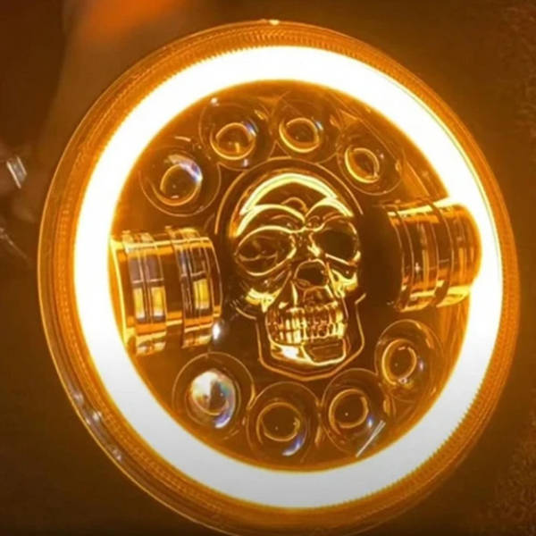 Фара LED ВАЗ 2101, 2121, ГАЗ, УАЗ, иномарки, мото 7 дюймов 60W с черепом, RGB-подсветкой и поворотами СН - фото №5